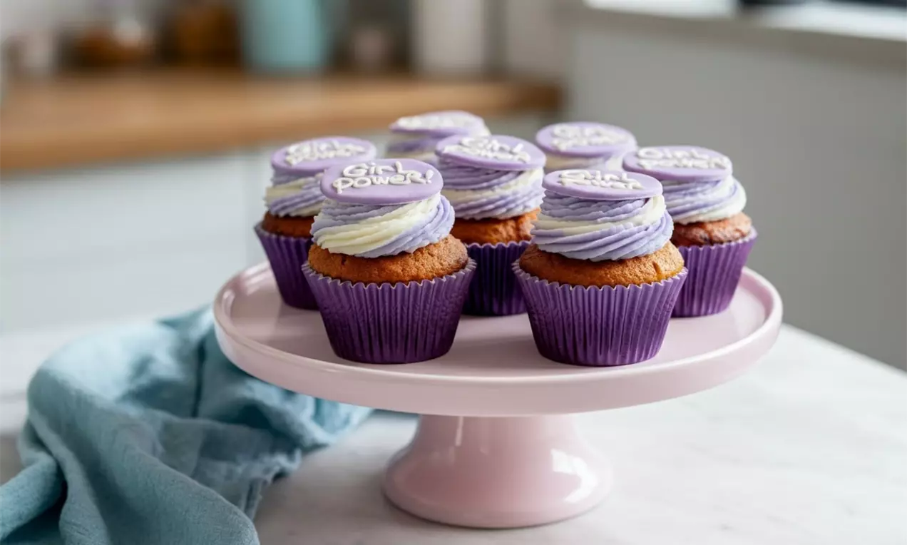 Purple cupcakes with light and dark purple swirled frosting, topped with printed fondant discs, arranged on a pale pink cake stand, AI-labeled image