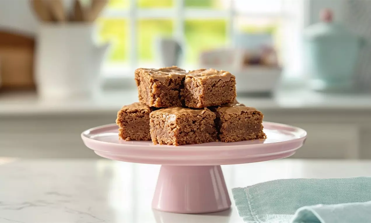 Golden-brown peanut butter blondies with a dense, crumbly texture stacked neatly on a pastel pink cake stand in soft daylight, AI-labeled image