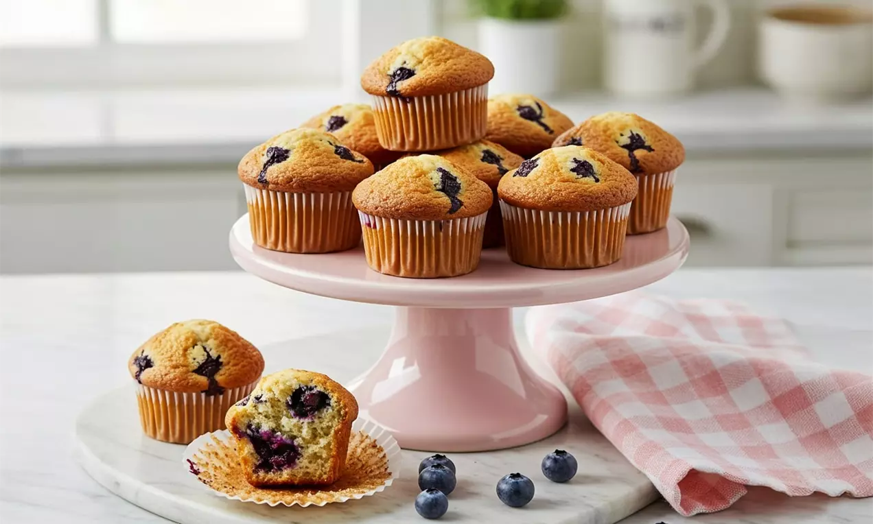 Golden blueberry muffins with deep purple bursts, some nestled on a pink cake stand and others on a marble slab with fresh berries scattered nearby, AI-labeled image