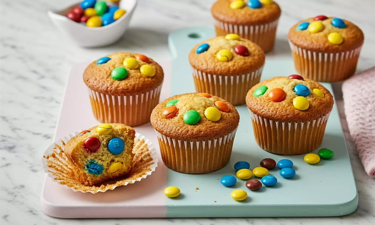 Golden flourless muffins topped with colorful round candy pieces, arranged on a pastel cutting board next to scattered candies, AI-labeled image