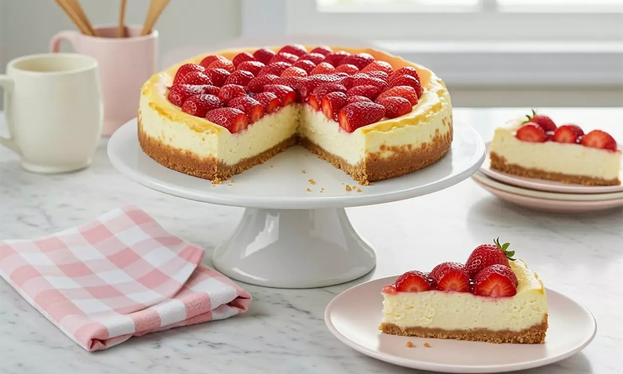 Strawberry and clotted cream cheesecake with a golden-brown biscuit base, topped with glossy red strawberry halves on a white stand, AI-labeled image