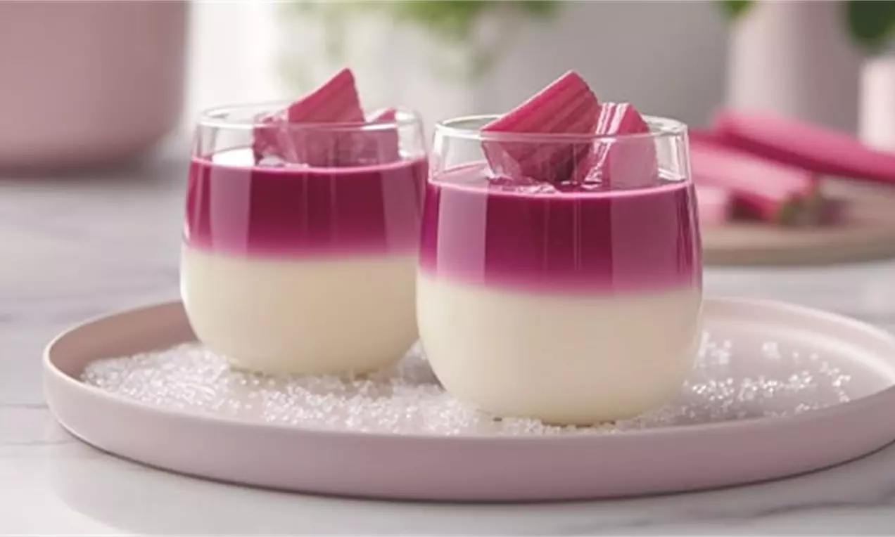 Rhubarb panna cotta in clear glasses with creamy white bases, vibrant pink tops, and garnished with glossy rhubarb shards on a pink plate, AI-labeled image