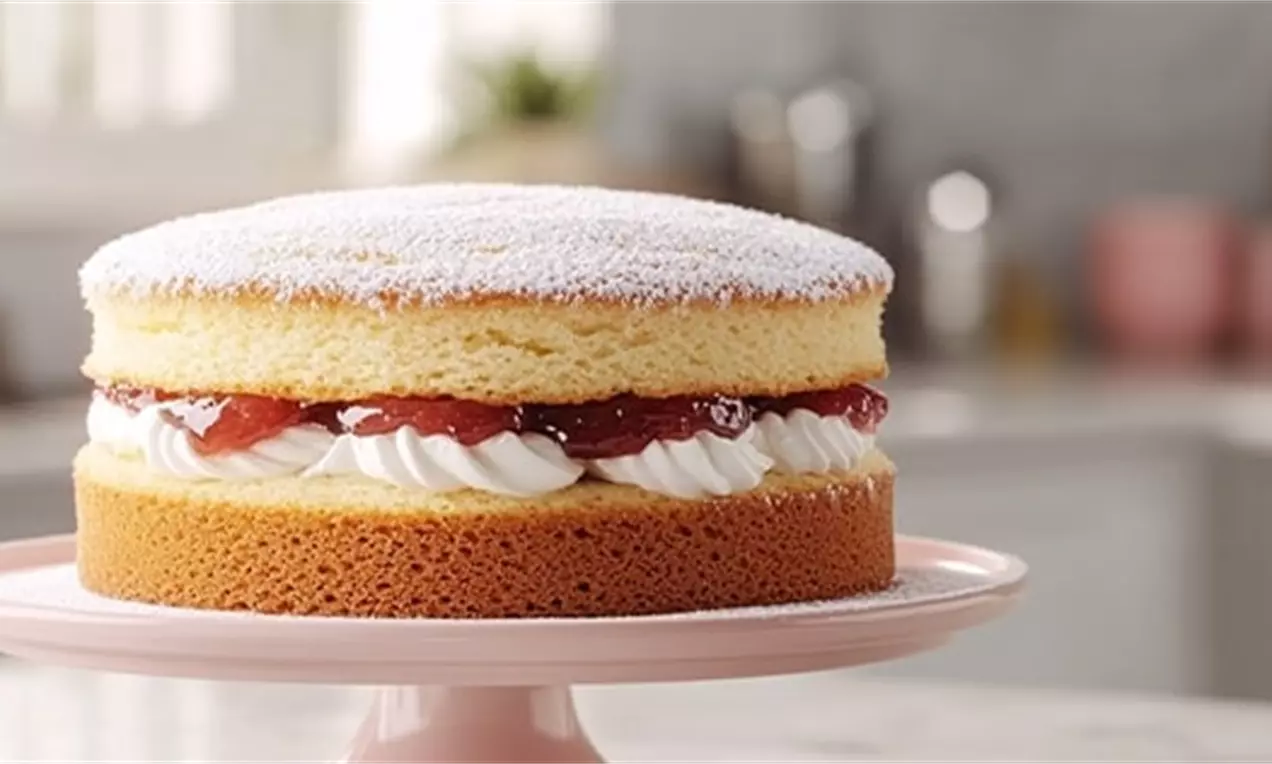 Golden Victoria sponge cake with two layers filled with white whipped cream and glossy red jam, topped with icing sugar on a pink stand, AI-labeled image