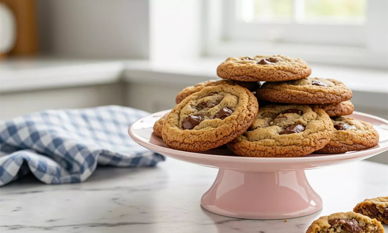 Golden-brown cookies with cracked tops and melted chocolate chunks stacked on a pale pink cake stand on a marble counter, AI-labeled image