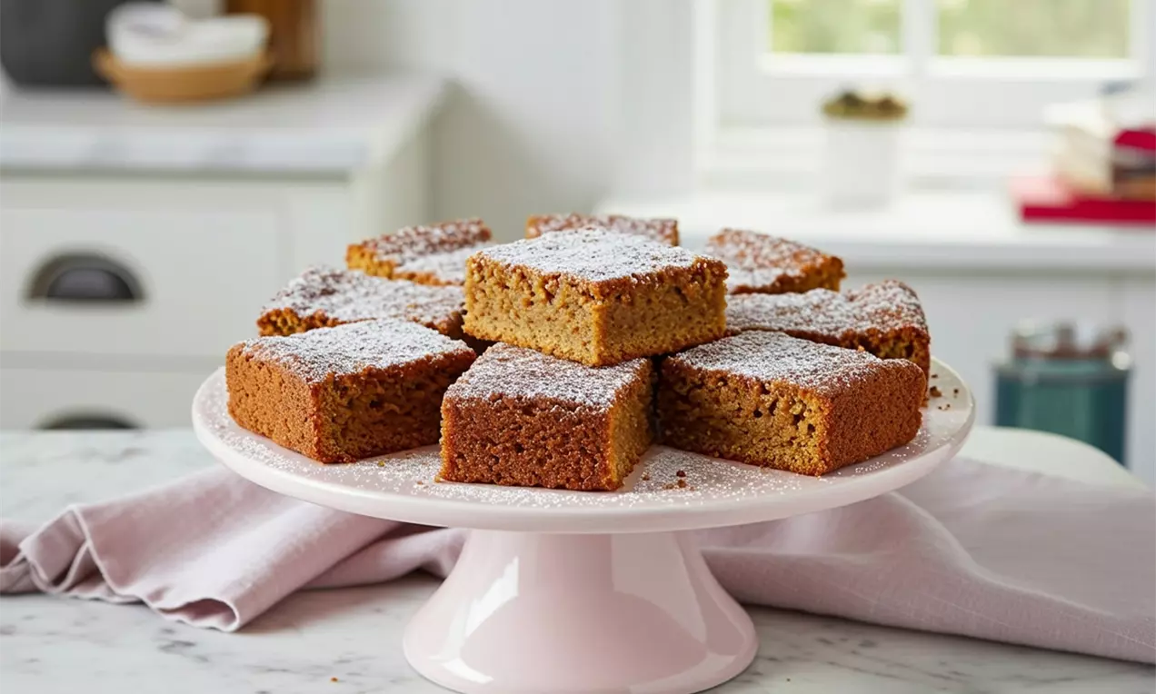 Square slices of parkin with a golden-brown crumb and speckled texture, lightly dusted with icing sugar on a pale pink cake stand, AI-labeled image