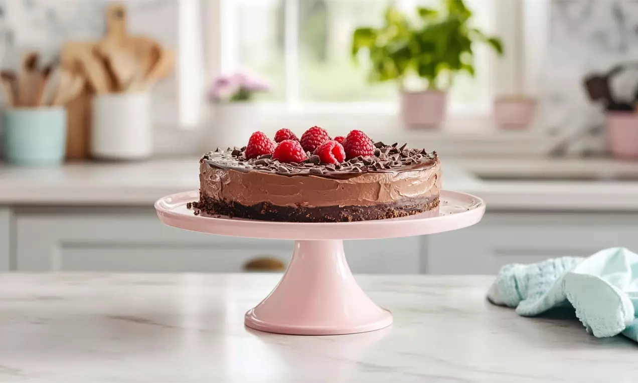 No-bake chocolate cheesecake with a smooth, rich brown filling on a dark crumb base, topped with fresh red raspberries and chocolate shavings, placed on a pale pink cake stand, AI-labeled image
