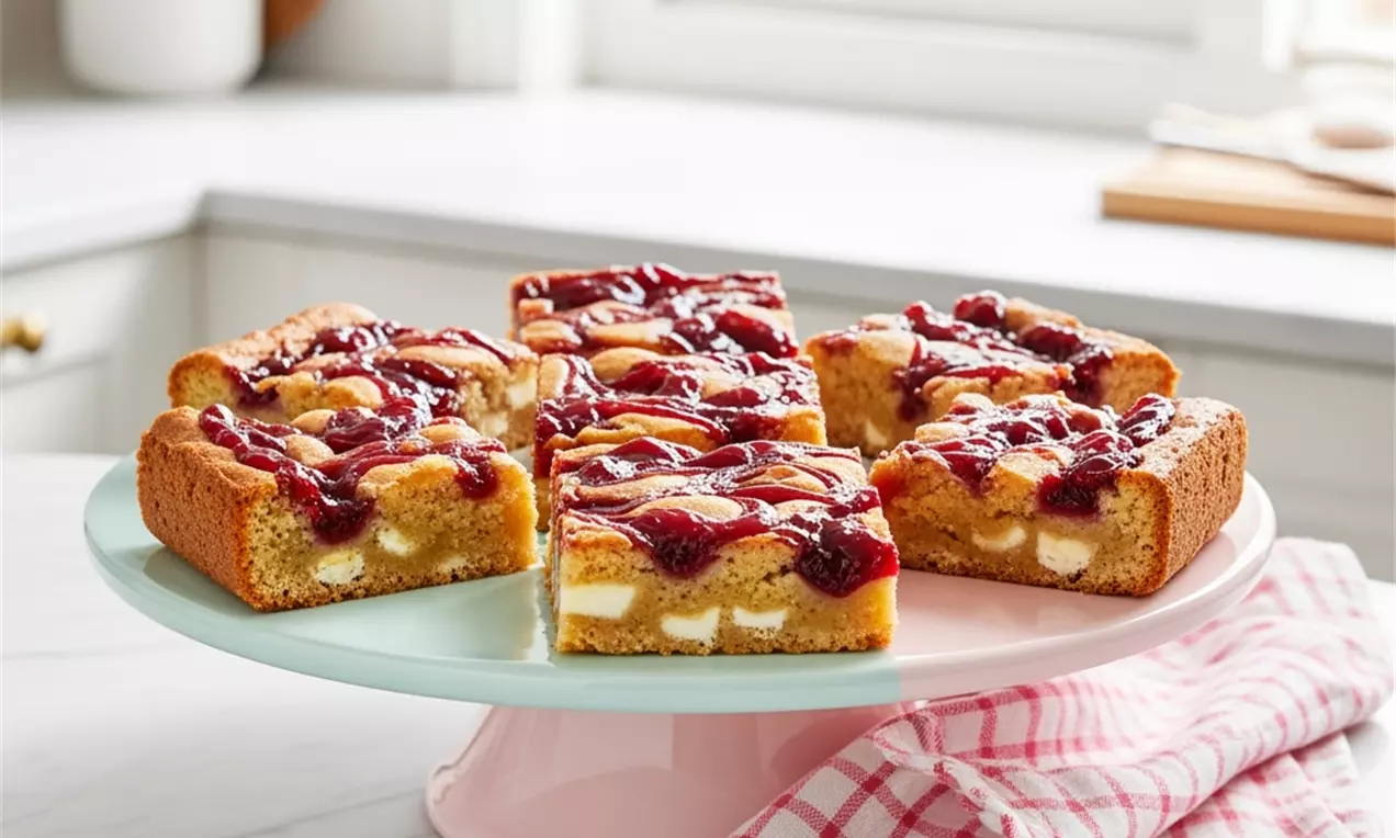 Golden blondies with a dense, soft texture topped with glossy red cherry jam, arranged in squares on a pastel cake stand, AI-labeled image
