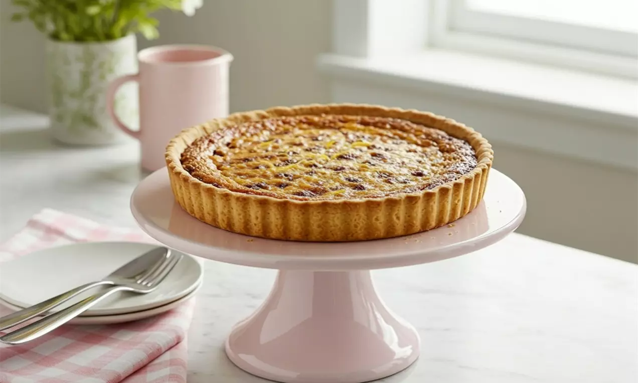 Harrogate tart with a golden crimped crust and warm speckled filling on a pink stand, set against a checkered cloth and window light, AI-labeled image