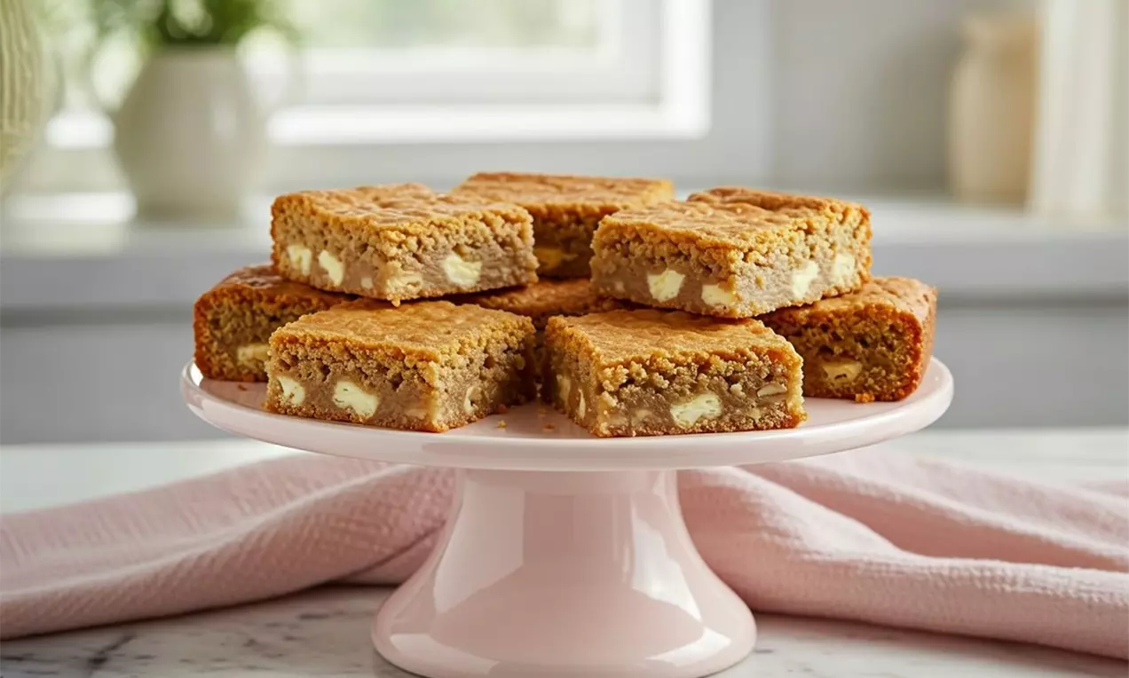 Squares of golden blondies with a chewy texture, dotted with white chocolate chunks, arranged on a pale pink cake stand on marble, AI-labeled image