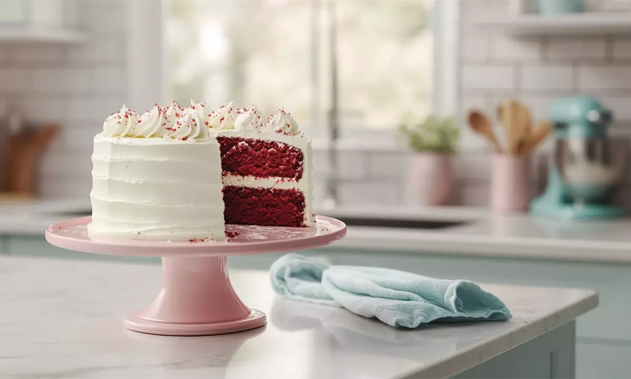 Red Velvet Cake with vibrant red sponge layers, creamy white frosting swirls and sprinkles on a pink stand in a bright kitchen setting, AI-labeled image