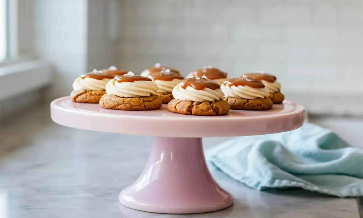 Golden-brown cookies topped with swirls of pale cream and glossy caramel, arranged on a pastel pink stand on a marble counter, AI-labeled image