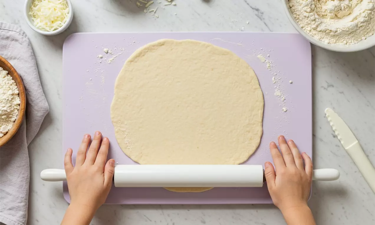 Children's hands rolling out smooth, pale beige pizza dough into a circular shape on a lavender mat surrounded by baking ingredients, AI-labeled image