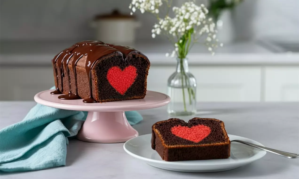 Chocolate loaf cake sliced to reveal a bright red heart-shaped center, glossy chocolate glaze dripping, set on pastel pink cake stand, AI-labeled image