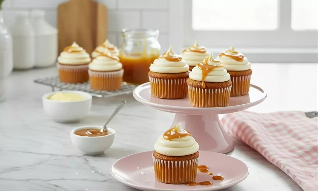 Golden brown butter muffins topped with smooth white frosting and drizzled caramel, arranged on pink plates and a stand in a bright kitchen, AI-labeled image